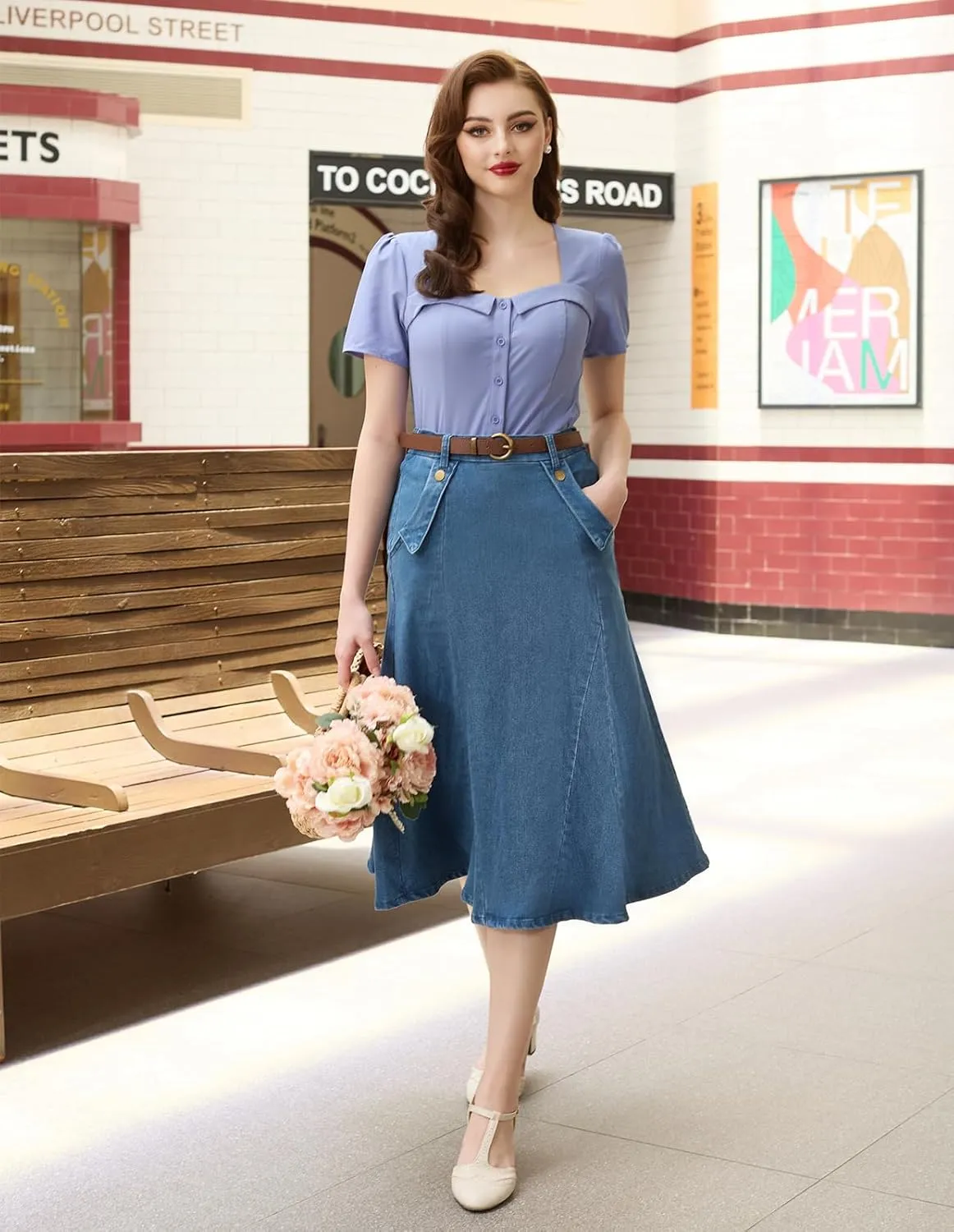 Belle Poque Women's Denim Skirts Vintage Elastic High Waist A-Line Long Maxi Jean Skirts with Pockets