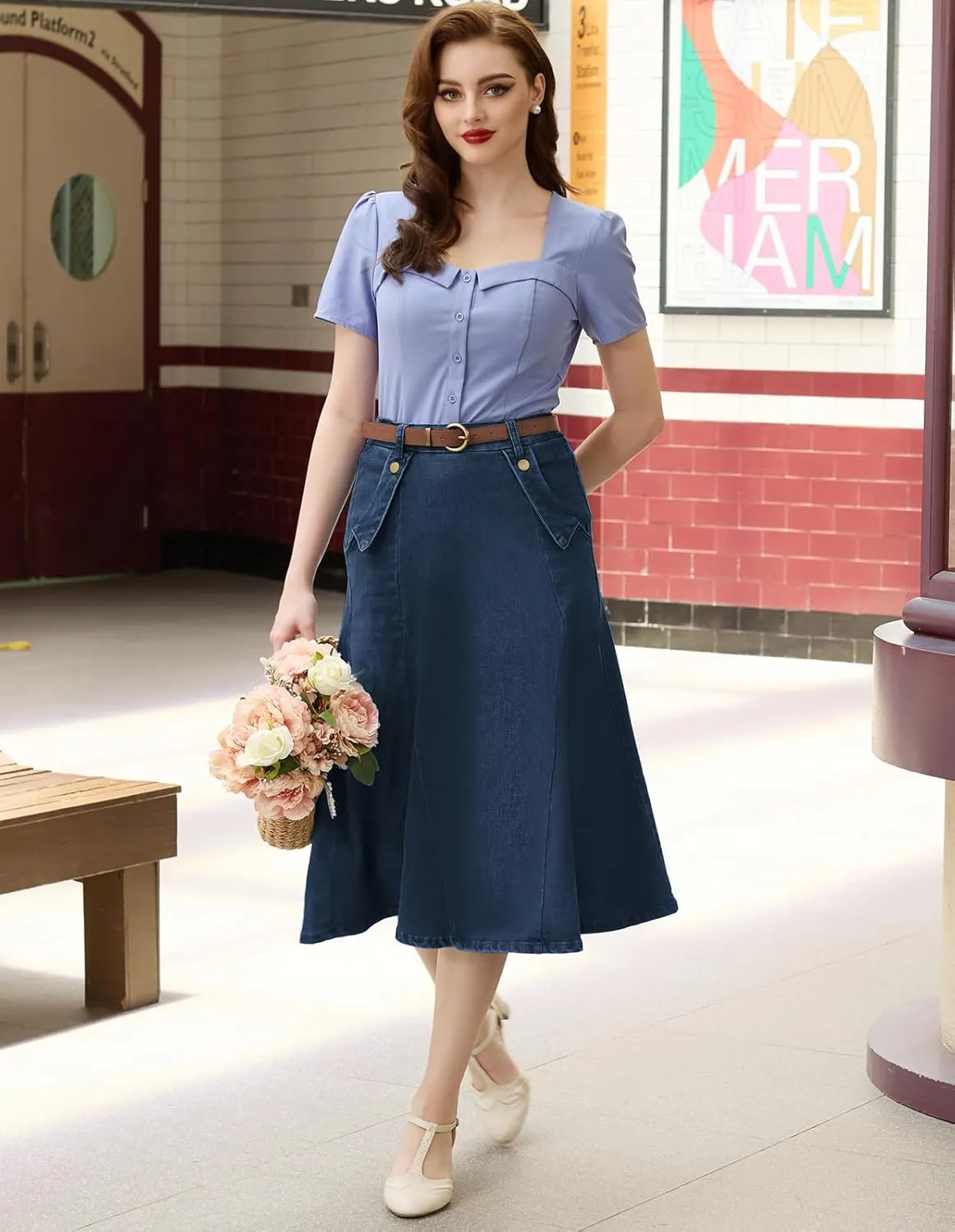 Belle Poque Women's Denim Skirts Vintage Elastic High Waist A-Line Long Maxi Jean Skirts with Pockets