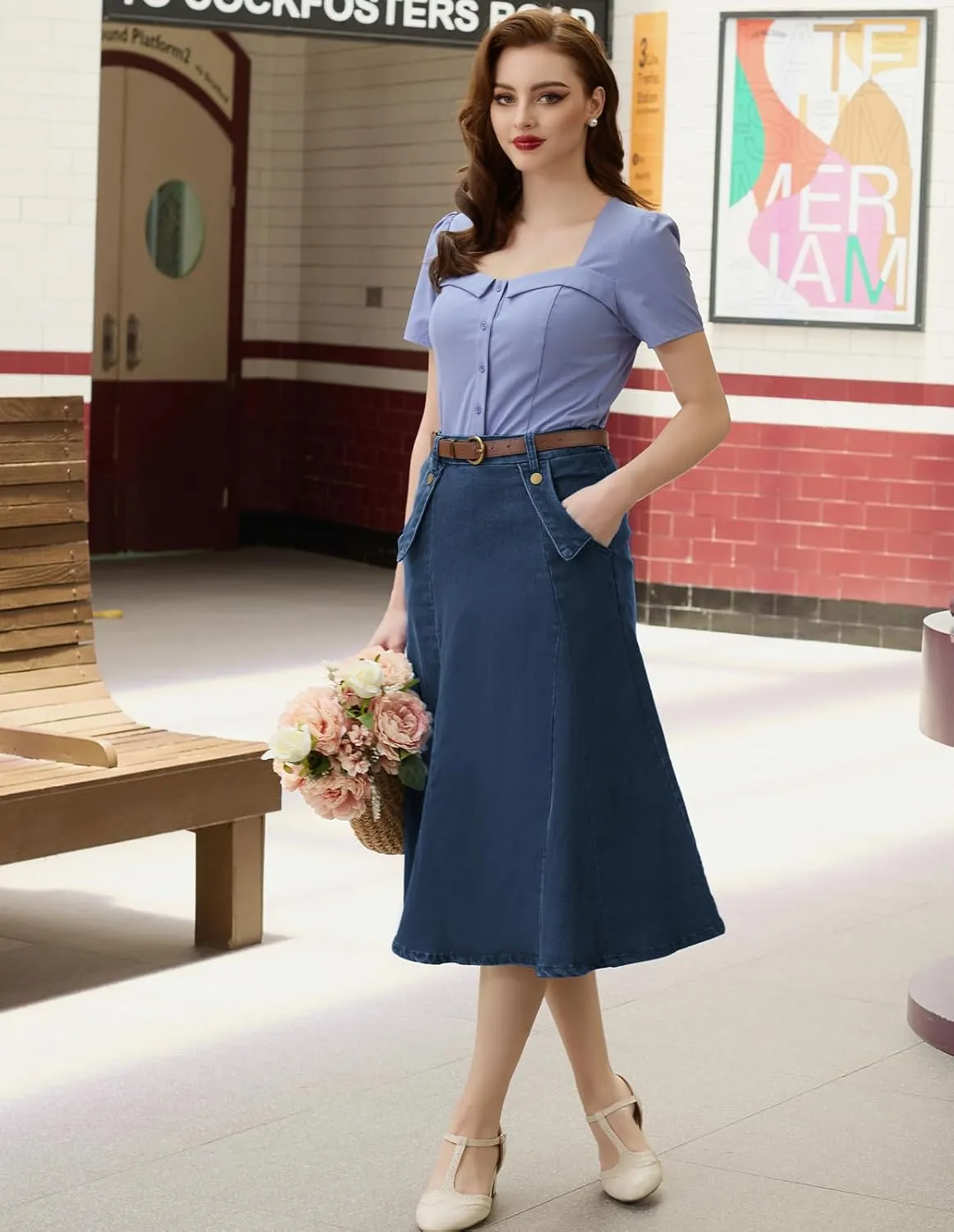 Belle Poque Women's Denim Skirts Vintage Elastic High Waist A-Line Long Maxi Jean Skirts with Pockets