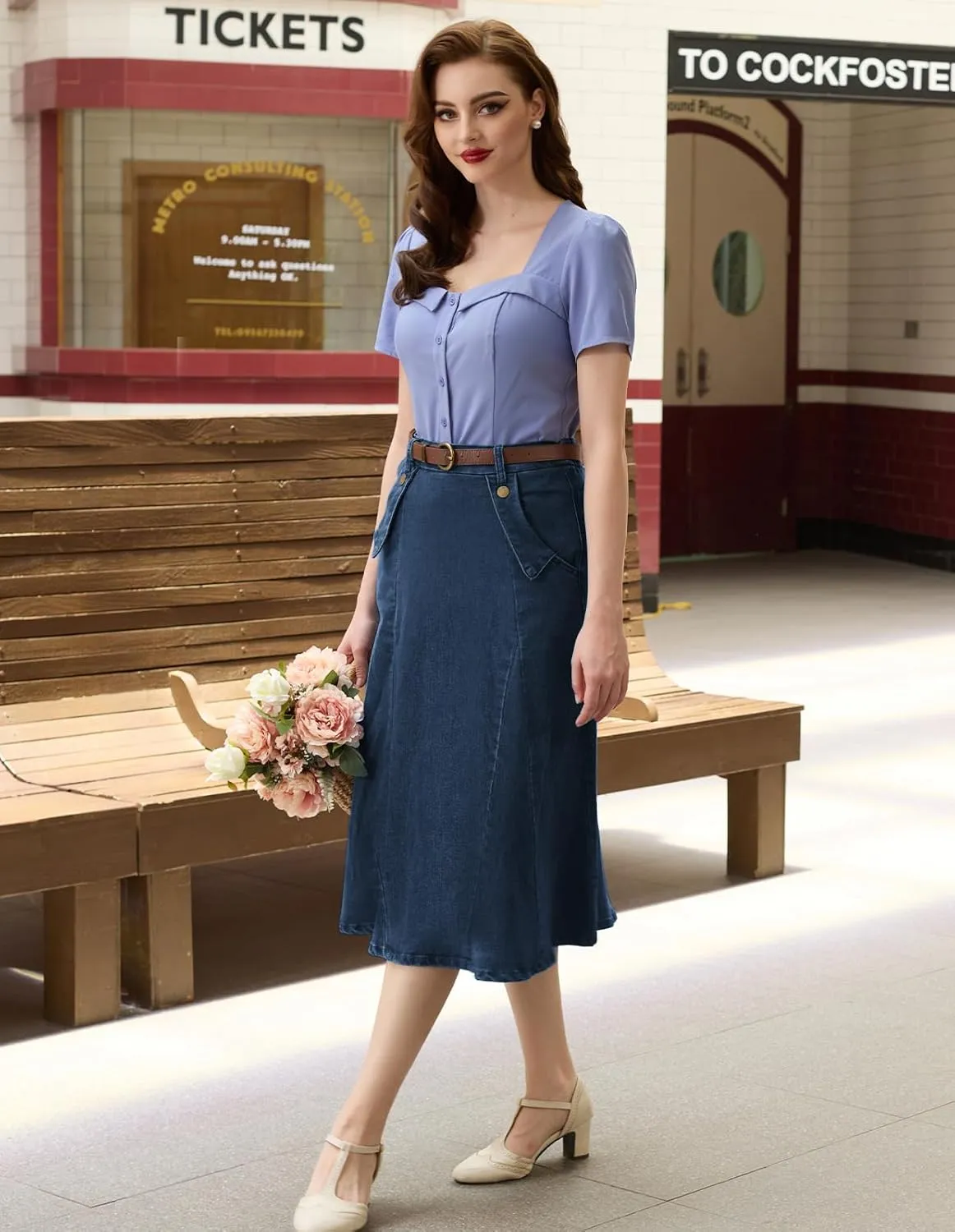 Belle Poque Women's Denim Skirts Vintage Elastic High Waist A-Line Long Maxi Jean Skirts with Pockets