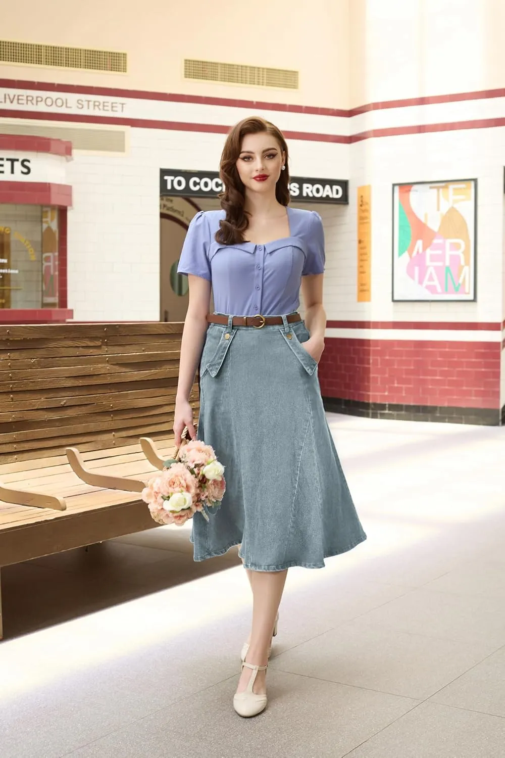Belle Poque Women's Denim Skirts Vintage Elastic High Waist A-Line Long Maxi Jean Skirts with Pockets