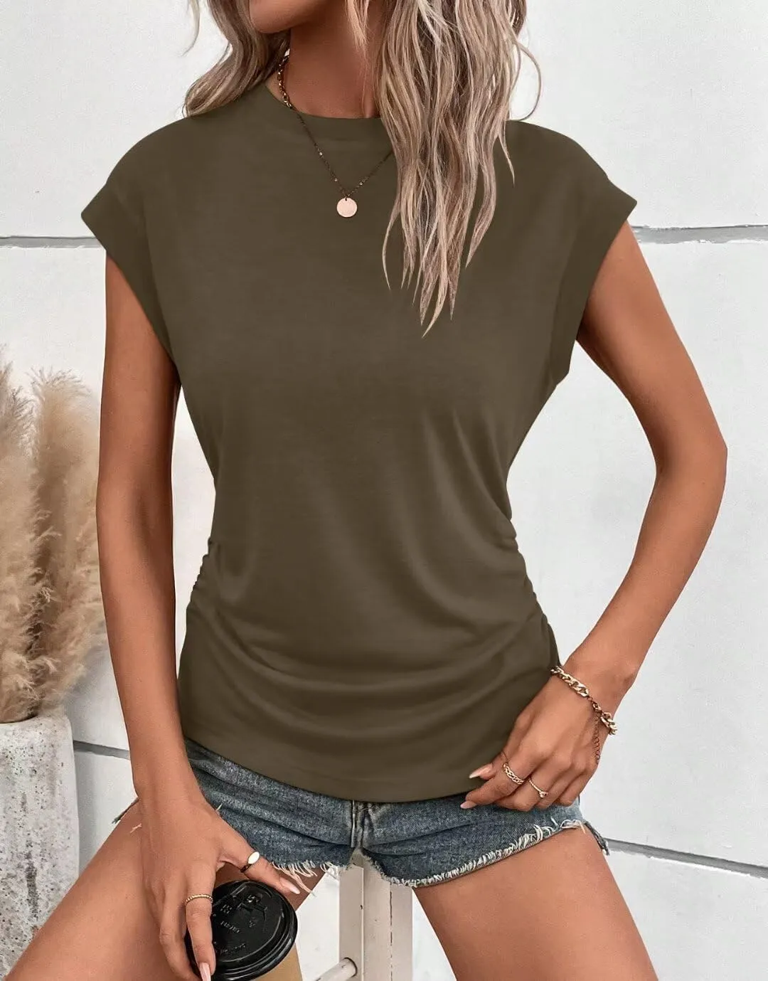 Bliwov Womens Summer Cap Sleeve Tops Business Casual Crewneck T Shirts Trendy Outfits 2025 Beach Vacation Fashion Clothes