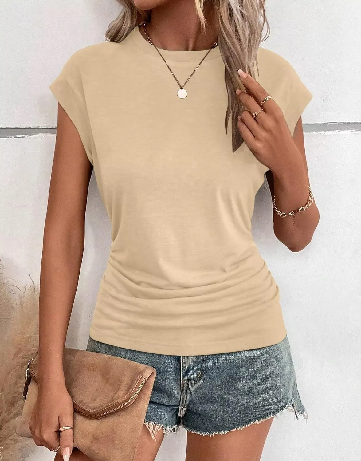 Bliwov Womens Summer Cap Sleeve Tops Business Casual Crewneck T Shirts Trendy Outfits 2025 Beach Vacation Fashion Clothes