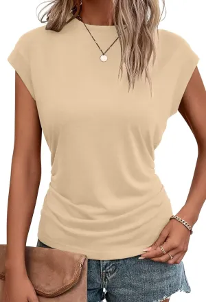 Bliwov Womens Summer Cap Sleeve Tops Business Casual Crewneck T Shirts Trendy Outfits 2025 Beach Vacation Fashion Clothes