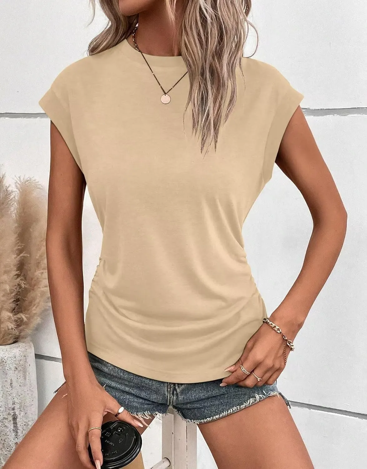 Bliwov Womens Summer Cap Sleeve Tops Business Casual Crewneck T Shirts Trendy Outfits 2025 Beach Vacation Fashion Clothes