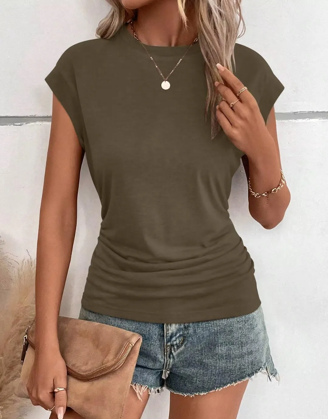 Bliwov Womens Summer Cap Sleeve Tops Business Casual Crewneck T Shirts Trendy Outfits 2025 Beach Vacation Fashion Clothes
