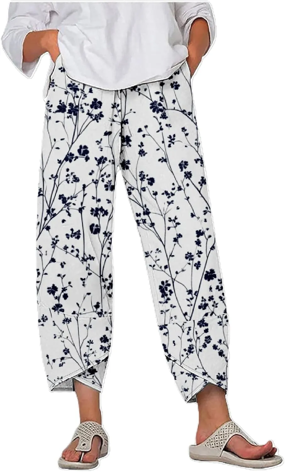 Boho Floral Linen Capri Pants for Women Summer Casual Wide Leg Crop Trousers Comfy Baggy Palazzo Pants with Pockets