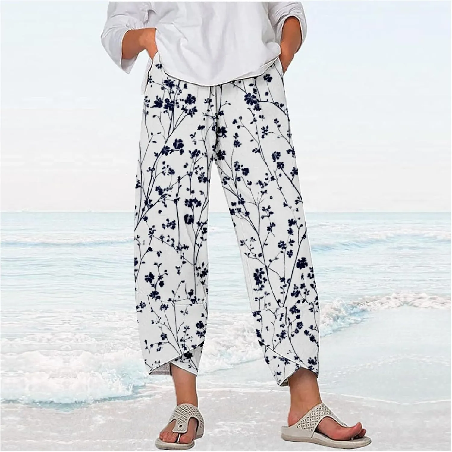 Boho Floral Linen Capri Pants for Women Summer Casual Wide Leg Crop Trousers Comfy Baggy Palazzo Pants with Pockets