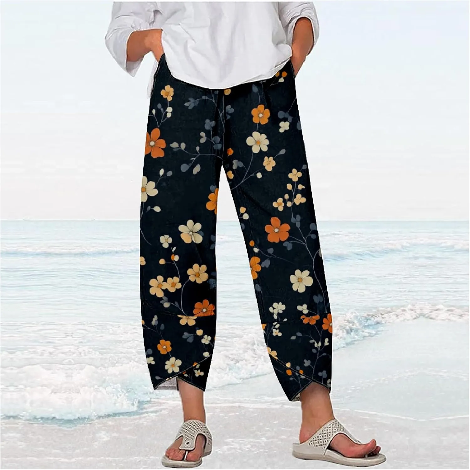 Boho Floral Linen Capri Pants for Women Summer Casual Wide Leg Crop Trousers Comfy Baggy Palazzo Pants with Pockets