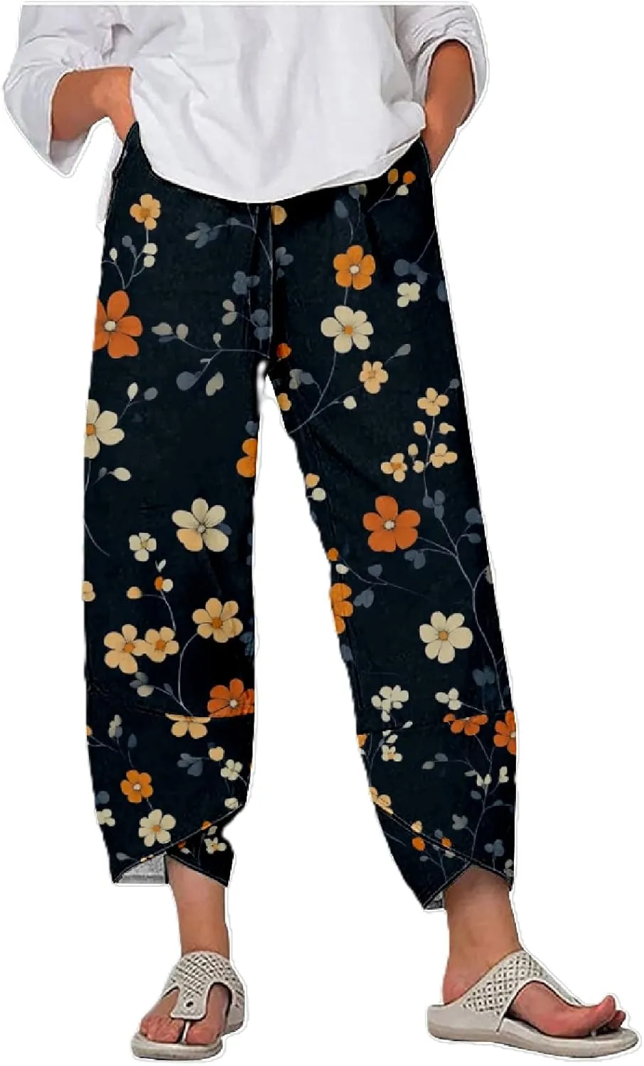Boho Floral Linen Capri Pants for Women Summer Casual Wide Leg Crop Trousers Comfy Baggy Palazzo Pants with Pockets