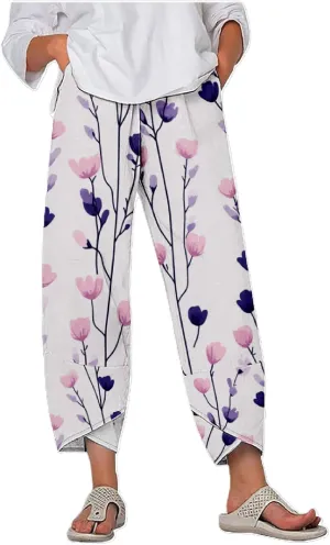 Boho Floral Linen Capri Pants for Women Summer Casual Wide Leg Crop Trousers Comfy Baggy Palazzo Pants with Pockets