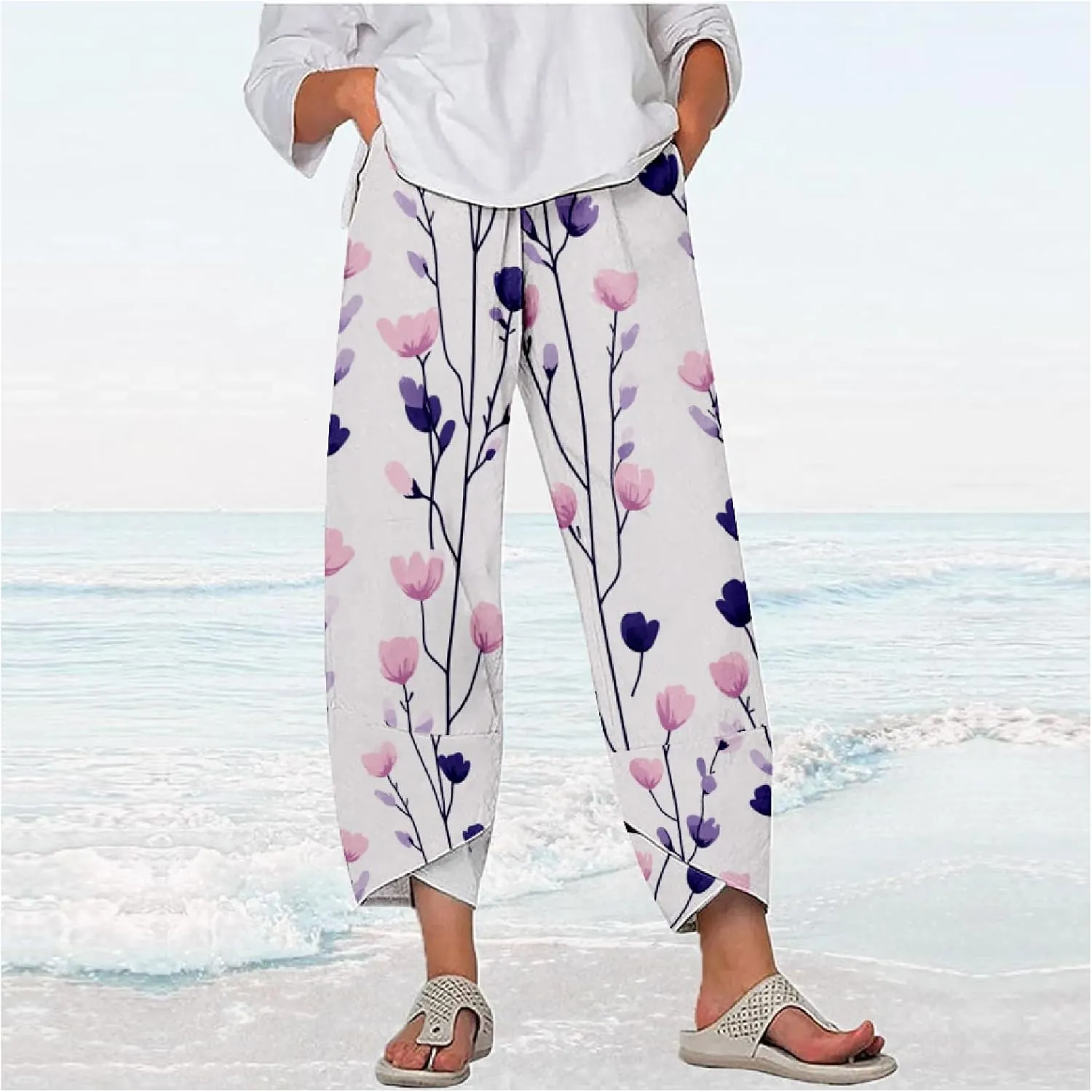 Boho Floral Linen Capri Pants for Women Summer Casual Wide Leg Crop Trousers Comfy Baggy Palazzo Pants with Pockets