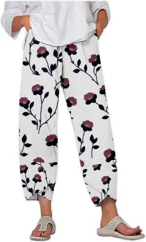 Boho Floral Linen Capri Pants for Women Summer Casual Wide Leg Crop Trousers Comfy Baggy Palazzo Pants with Pockets