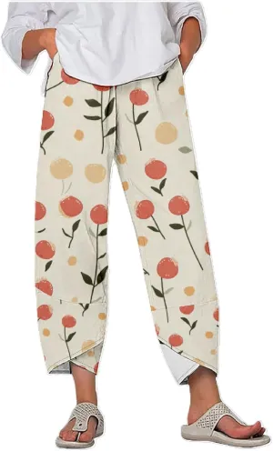 Boho Floral Linen Capri Pants for Women Summer Casual Wide Leg Crop Trousers Comfy Baggy Palazzo Pants with Pockets