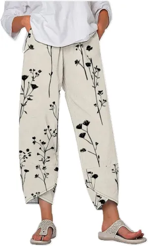 Boho Floral Linen Capri Pants for Women Summer Casual Wide Leg Crop Trousers Comfy Baggy Palazzo Pants with Pockets