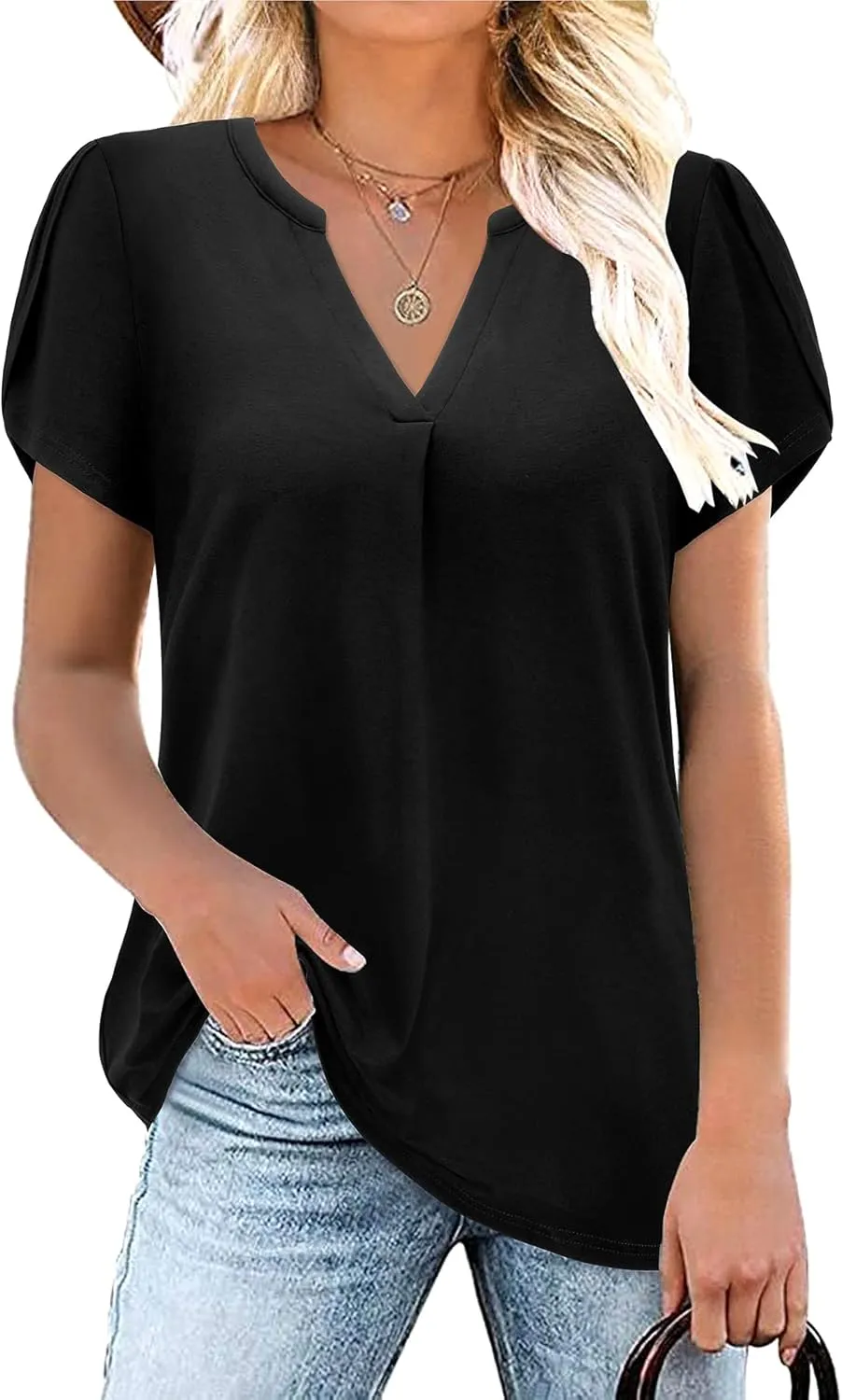 Bulotus Women Summer Casual Short Sleeve T-Shirts V Neck Tops Short Sleeve Loose Fit Tunic Blouses