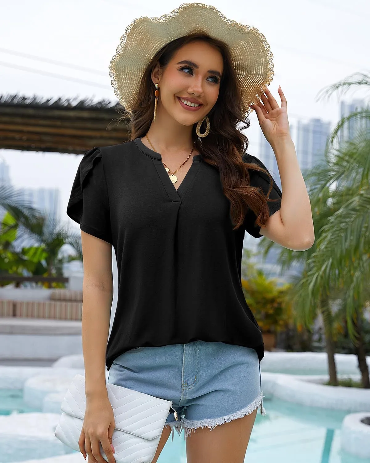 Bulotus Women Summer Casual Short Sleeve T-Shirts V Neck Tops Short Sleeve Loose Fit Tunic Blouses
