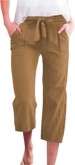 Capri Pants for Women Casual 2025 Summer Solid Color Elastic High Waist Straight Wide Leg Pockets Linen Pant