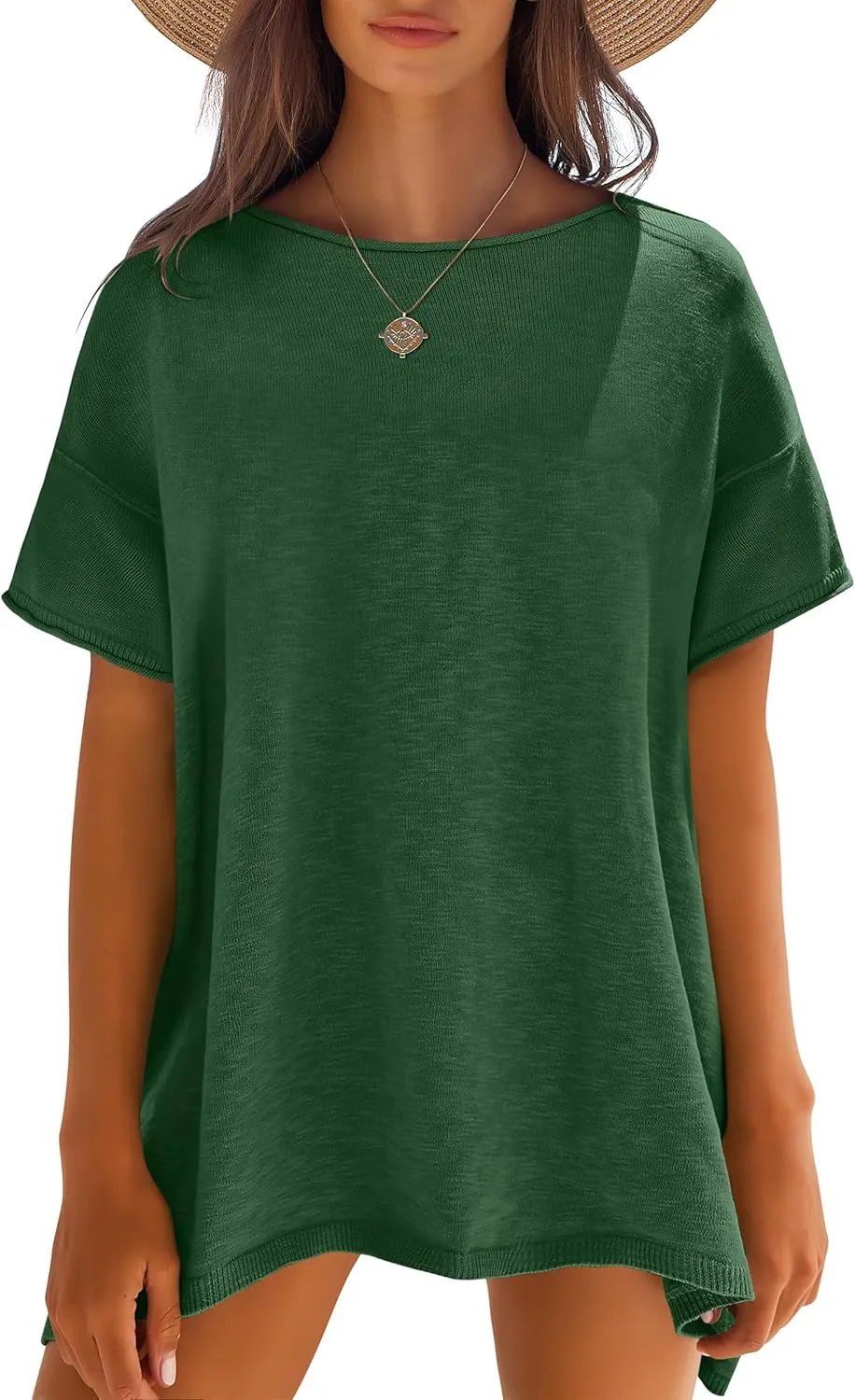 Caracilia Women Summer Lightweight Sweater Top Oversized Short Sleeve Drop Shoulder Seams Outside Casual T-Shirts Trendy 2025