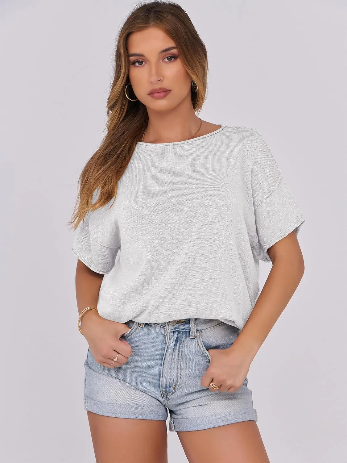 Caracilia Women Summer Lightweight Sweater Top Oversized Short Sleeve Drop Shoulder Seams Outside Casual T-Shirts Trendy 2025
