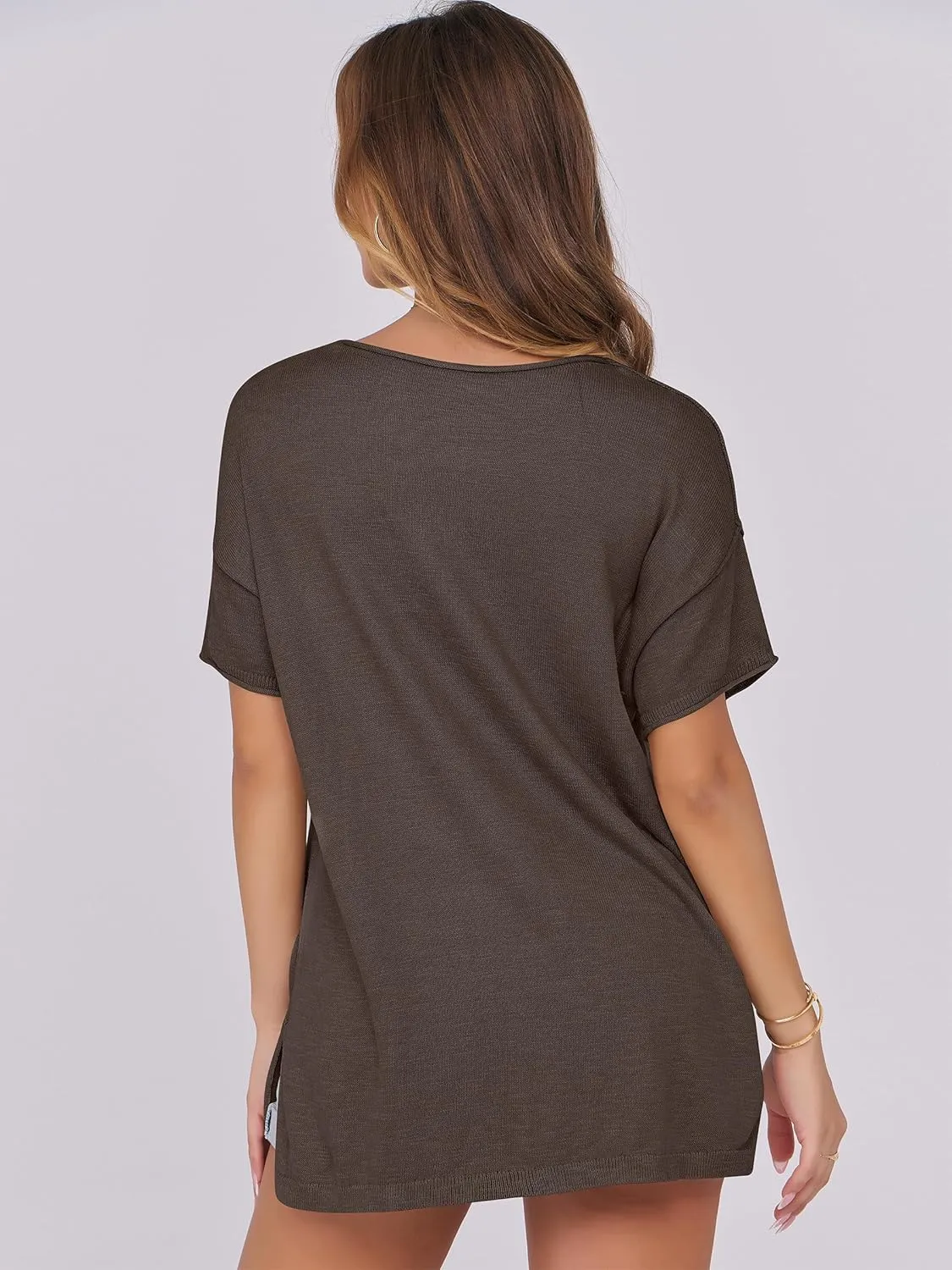 Caracilia Women Summer Lightweight Sweater Top Oversized Short Sleeve Drop Shoulder Seams Outside Casual T-Shirts Trendy 2025