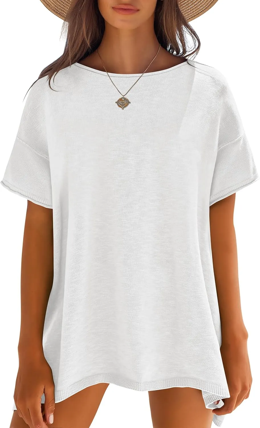 Caracilia Women Summer Lightweight Sweater Top Oversized Short Sleeve Drop Shoulder Seams Outside Casual T-Shirts Trendy 2025