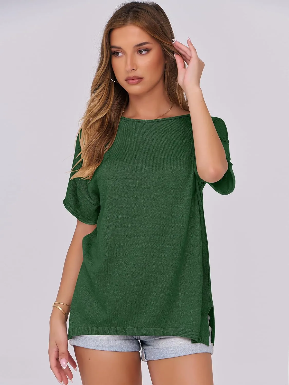 Caracilia Women Summer Lightweight Sweater Top Oversized Short Sleeve Drop Shoulder Seams Outside Casual T-Shirts Trendy 2025