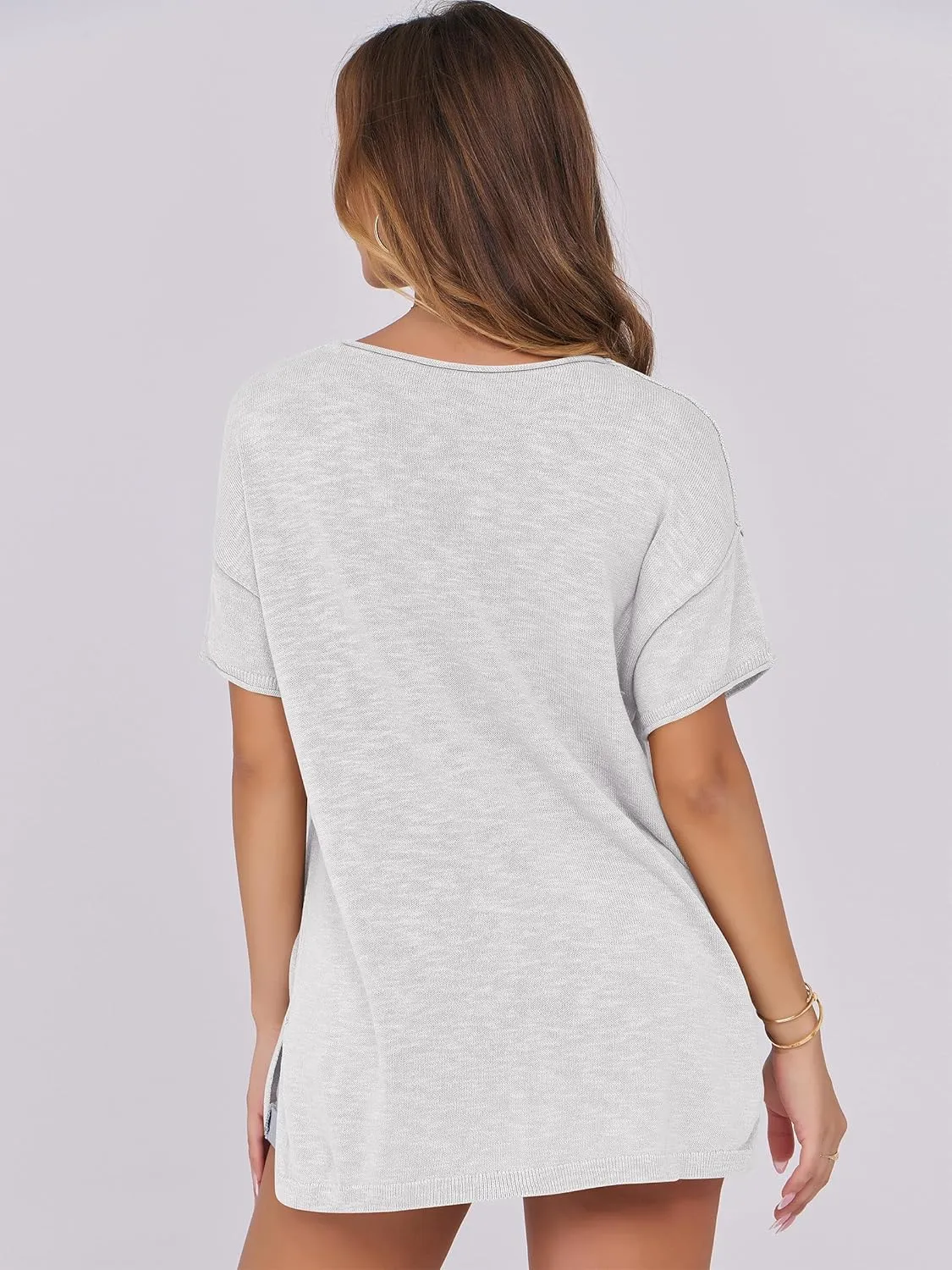 Caracilia Women Summer Lightweight Sweater Top Oversized Short Sleeve Drop Shoulder Seams Outside Casual T-Shirts Trendy 2025