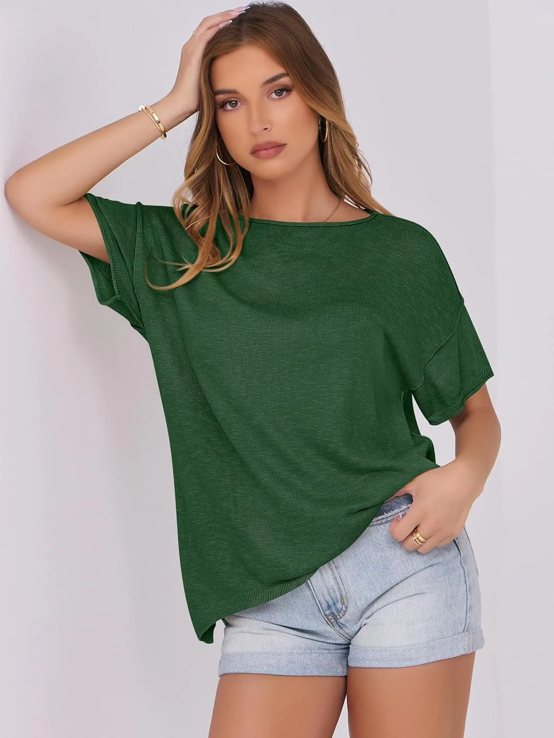 Caracilia Women Summer Lightweight Sweater Top Oversized Short Sleeve Drop Shoulder Seams Outside Casual T-Shirts Trendy 2025