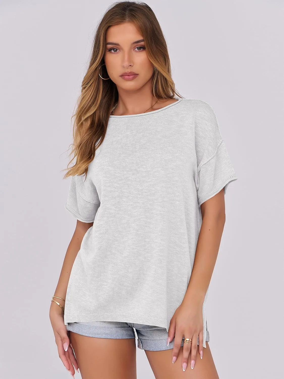 Caracilia Women Summer Lightweight Sweater Top Oversized Short Sleeve Drop Shoulder Seams Outside Casual T-Shirts Trendy 2025
