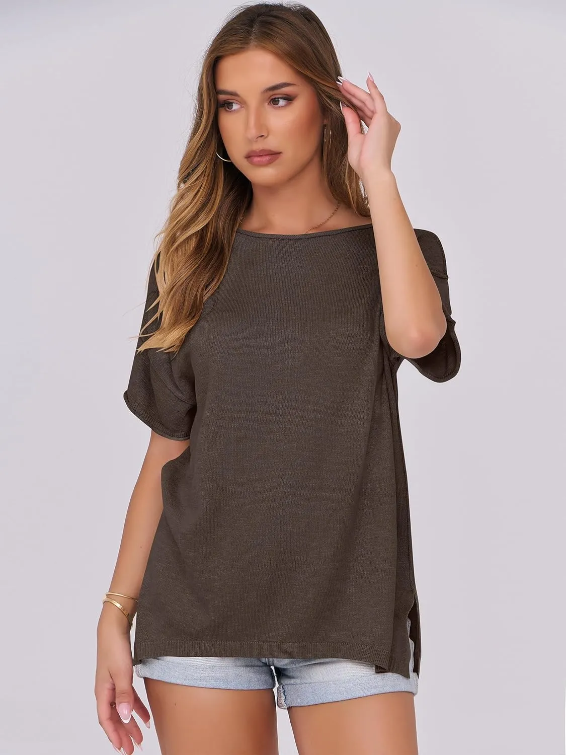Caracilia Women Summer Lightweight Sweater Top Oversized Short Sleeve Drop Shoulder Seams Outside Casual T-Shirts Trendy 2025