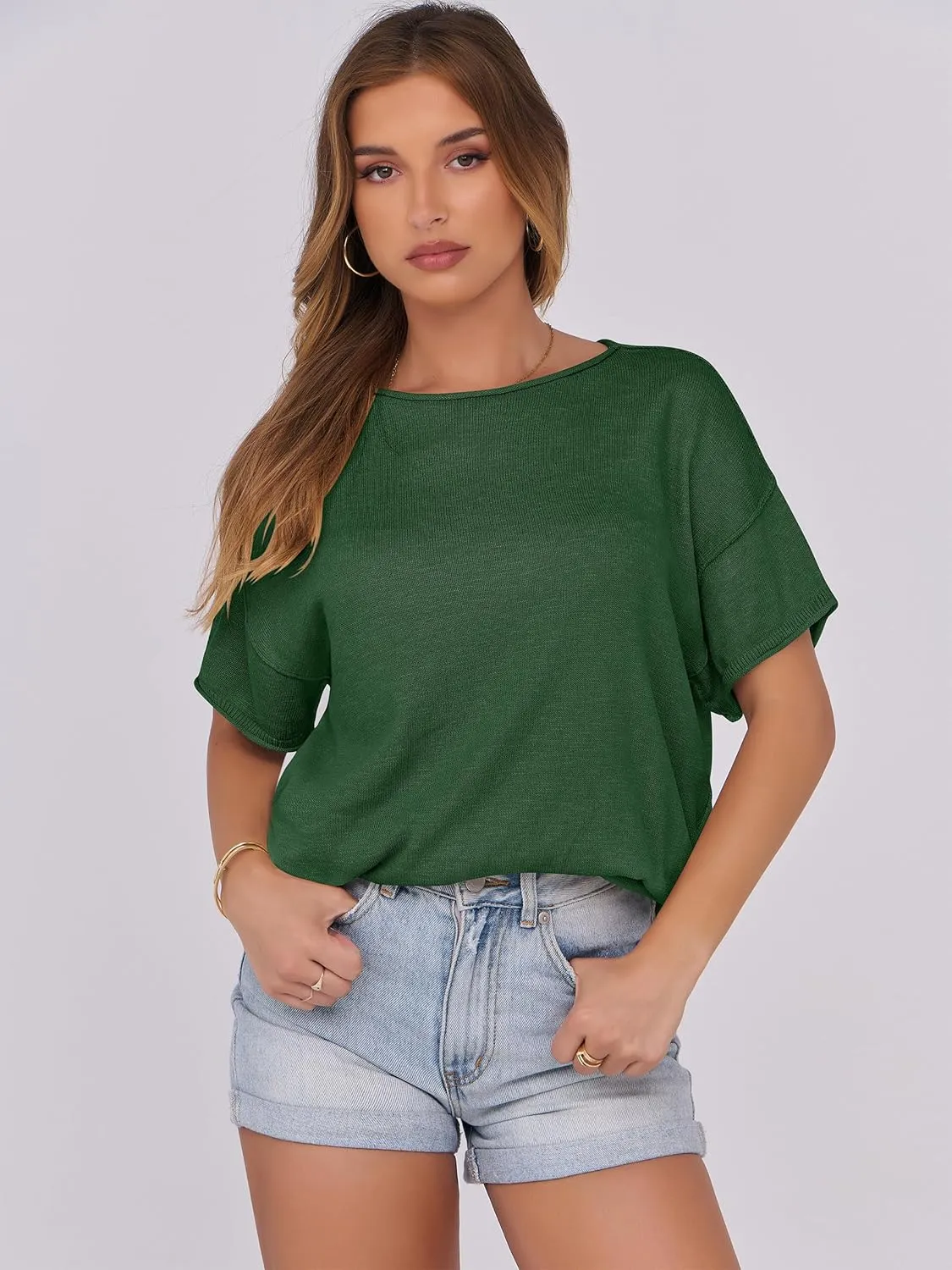 Caracilia Women Summer Lightweight Sweater Top Oversized Short Sleeve Drop Shoulder Seams Outside Casual T-Shirts Trendy 2025