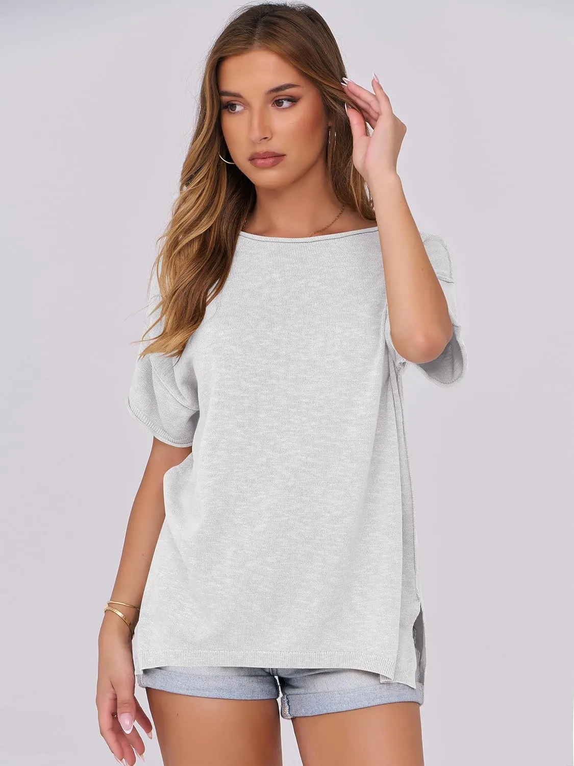 Caracilia Women Summer Lightweight Sweater Top Oversized Short Sleeve Drop Shoulder Seams Outside Casual T-Shirts Trendy 2025