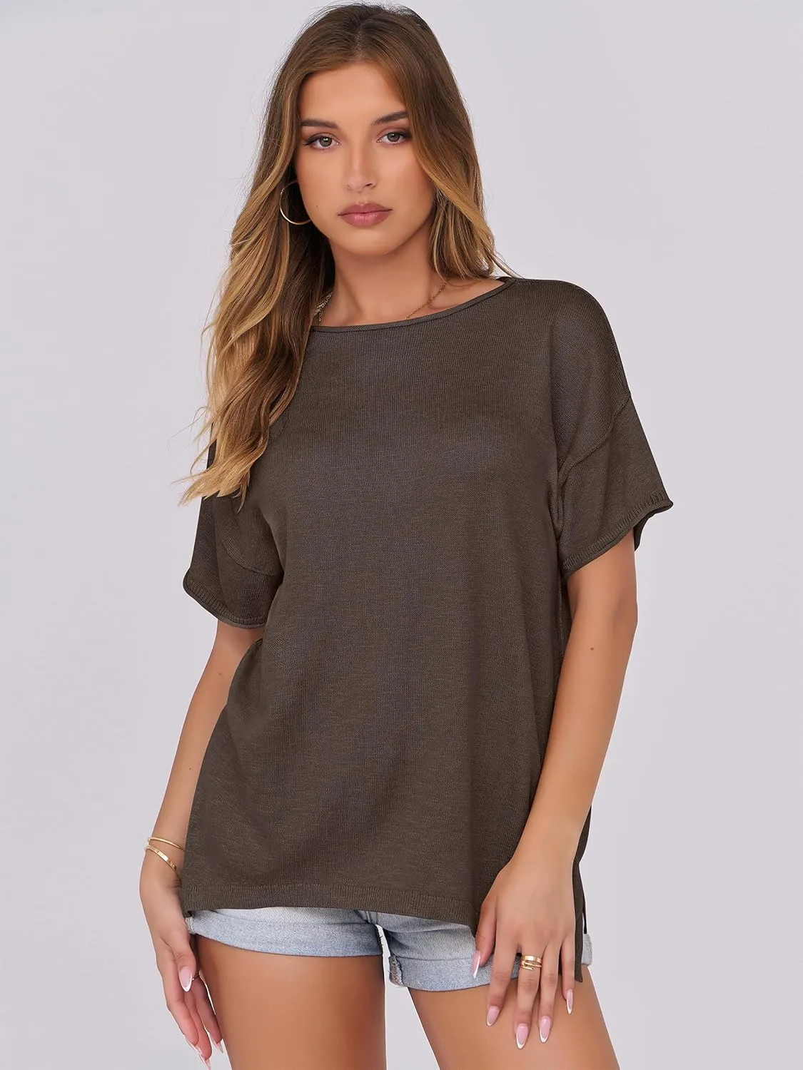 Caracilia Women Summer Lightweight Sweater Top Oversized Short Sleeve Drop Shoulder Seams Outside Casual T-Shirts Trendy 2025