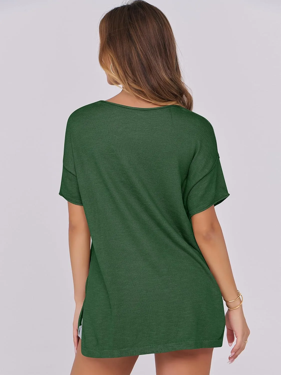 Caracilia Women Summer Lightweight Sweater Top Oversized Short Sleeve Drop Shoulder Seams Outside Casual T-Shirts Trendy 2025