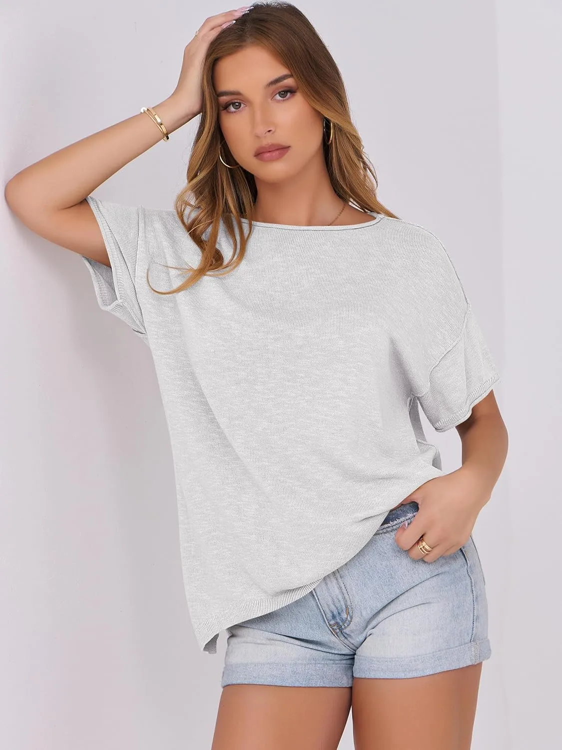 Caracilia Women Summer Lightweight Sweater Top Oversized Short Sleeve Drop Shoulder Seams Outside Casual T-Shirts Trendy 2025