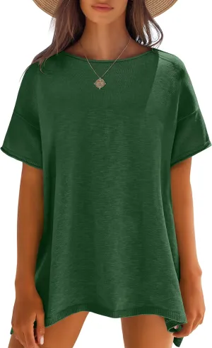 Caracilia Women Summer Lightweight Sweater Top Oversized Short Sleeve Drop Shoulder Seams Outside Casual T-Shirts Trendy 2025
