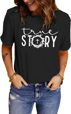 Christian Easter Shirts for Women Summer Casual Short Sleeve True Story Jesus Graphic Tops Religious Tees