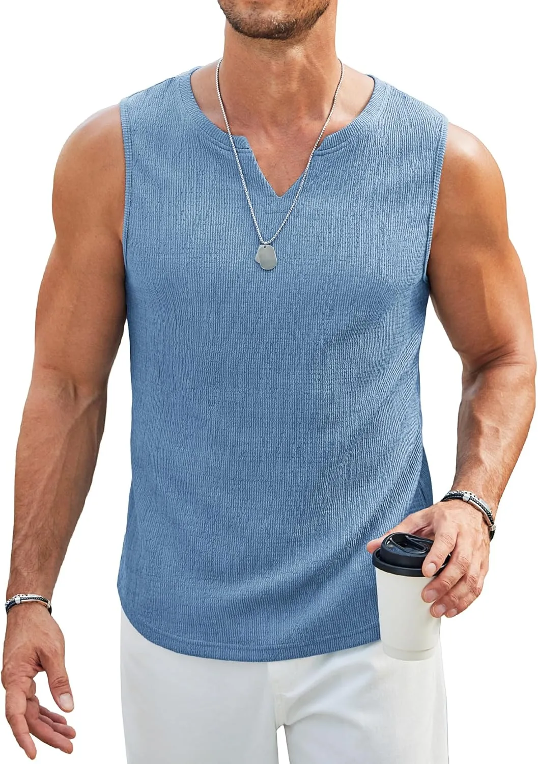 COOFANDY Men's Casual Tank Tops Knit V Neck Sleeveless T Shirts 2 Pack Summer Beach Lightweight Muscle Tee