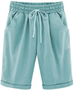 Cotton Linen Drawstring Shorts for Women Elastic High Waist Straight Leg Knee Length Short Pants with Pockets