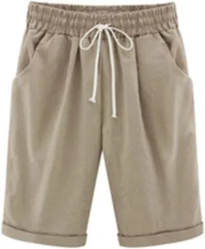 Cotton Linen Drawstring Shorts for Women Elastic High Waist Straight Leg Knee Length Short Pants with Pockets