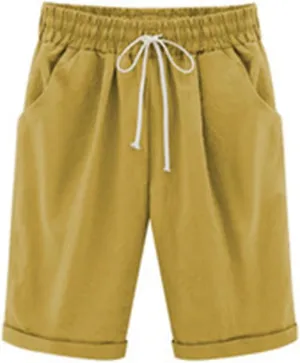 Cotton Linen Drawstring Shorts for Women Elastic High Waist Straight Leg Knee Length Short Pants with Pockets