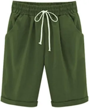Cotton Linen Drawstring Shorts for Women Elastic High Waist Straight Leg Knee Length Short Pants with Pockets