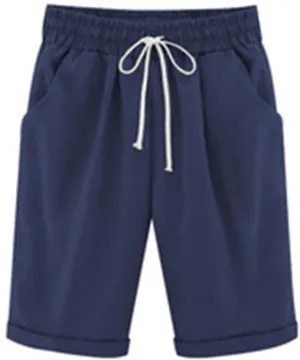 Cotton Linen Drawstring Shorts for Women Elastic High Waist Straight Leg Knee Length Short Pants with Pockets