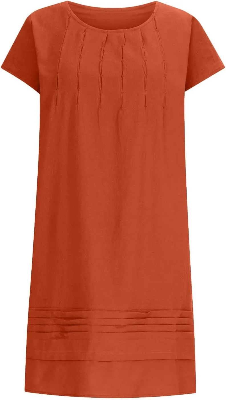 Cotton Linen Dress for Womens Vintage Summer Casual Short Sleeve Ruched T Shirts Dress Loose Fit A-Line Beach Sundress