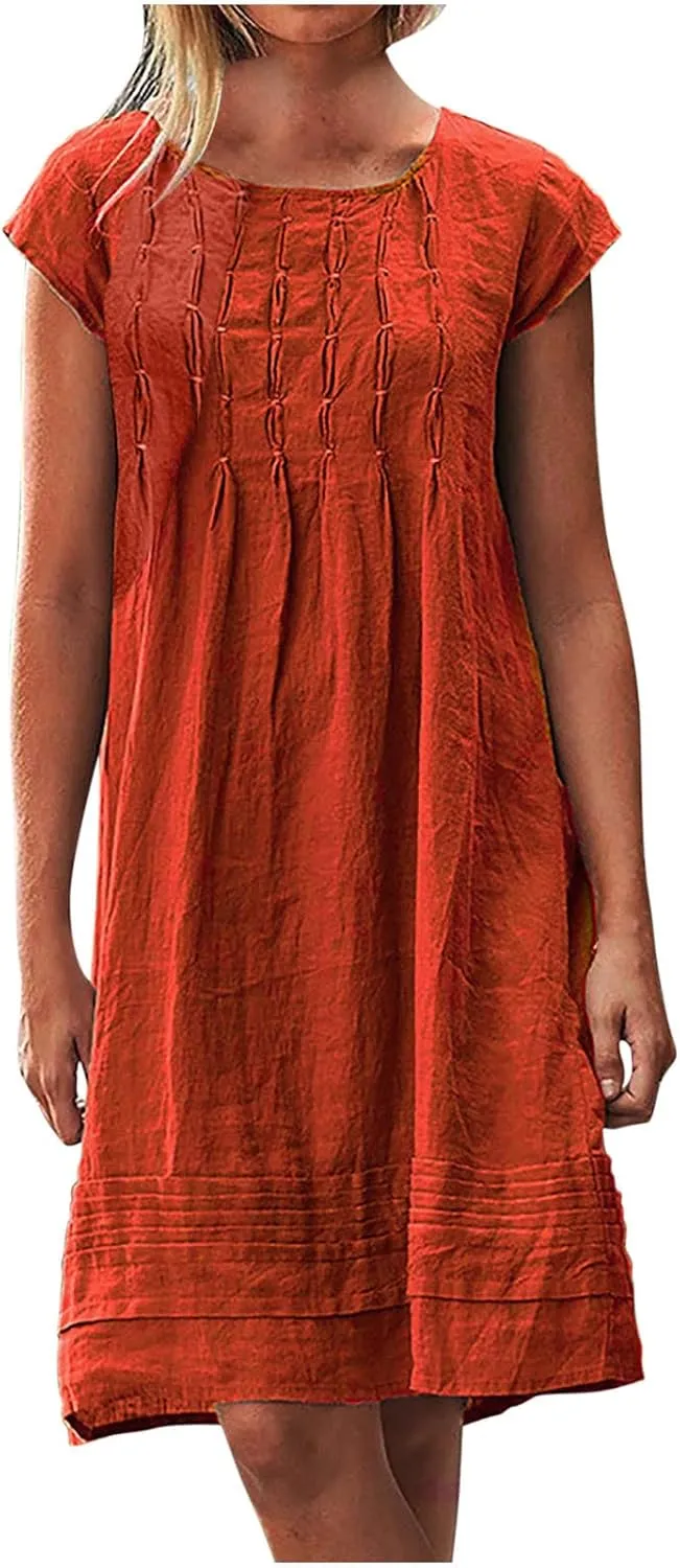 Cotton Linen Dress for Womens Vintage Summer Casual Short Sleeve Ruched T Shirts Dress Loose Fit A-Line Beach Sundress