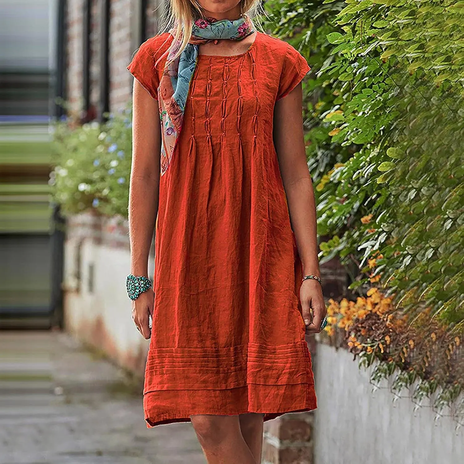 Cotton Linen Dress for Womens Vintage Summer Casual Short Sleeve Ruched T Shirts Dress Loose Fit A-Line Beach Sundress