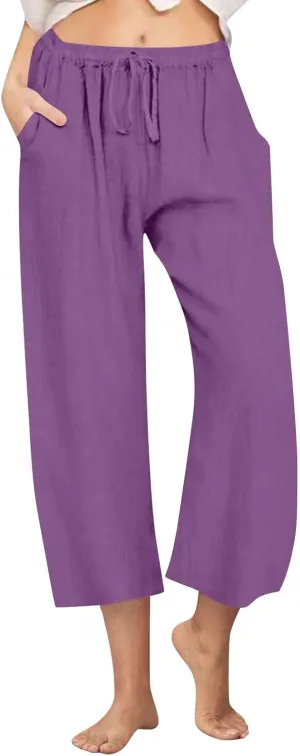 Cotton Linen Pants for Women 2025 Wide Leg Loose Fit Cropped Trousers Drawstring Elastic Waist Summer Beach Pant