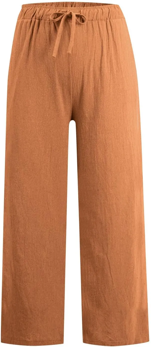 Cotton Linen Pants for Women Dressy Casual Trousers Loose Drawstring Waist Lounge Long Pants Pockets Summer Outfits
