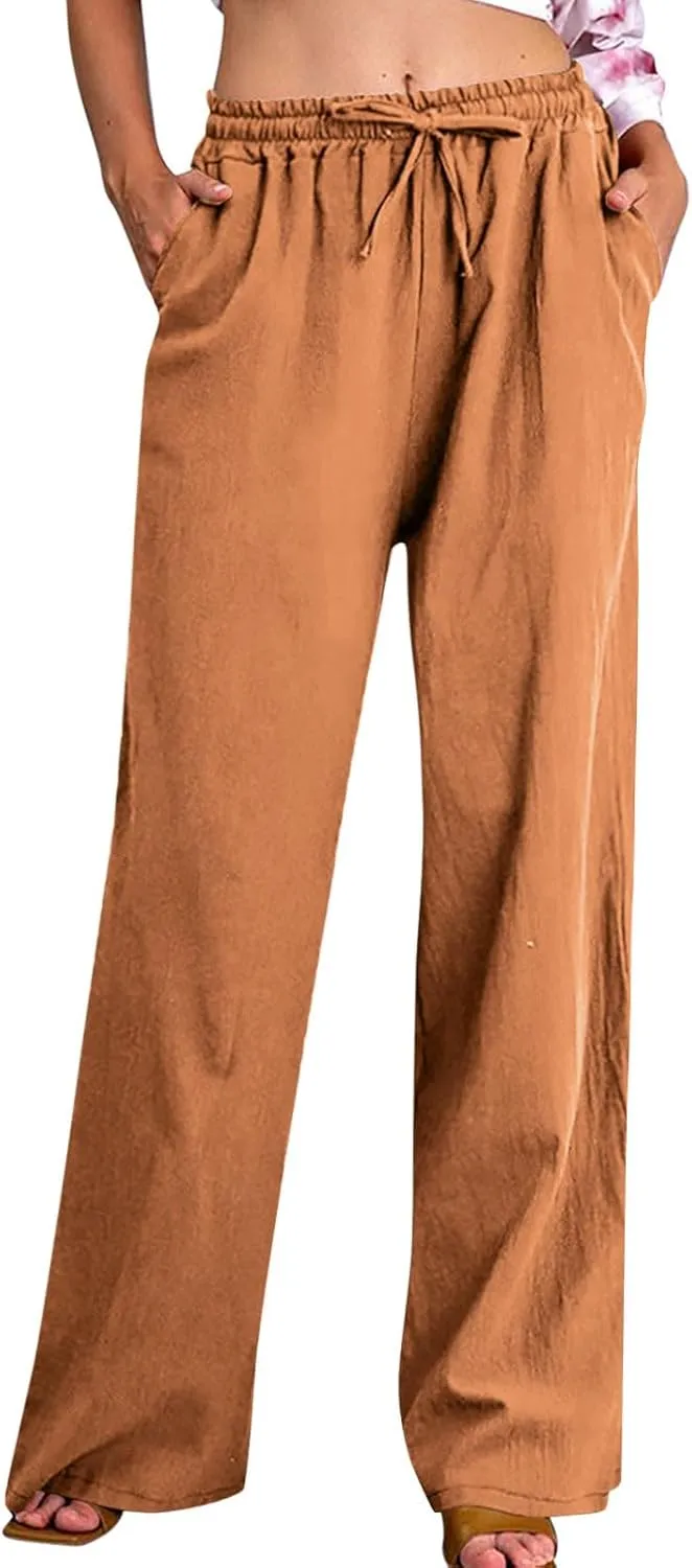 Cotton Linen Pants for Women Dressy Casual Trousers Loose Drawstring Waist Lounge Long Pants Pockets Summer Outfits
